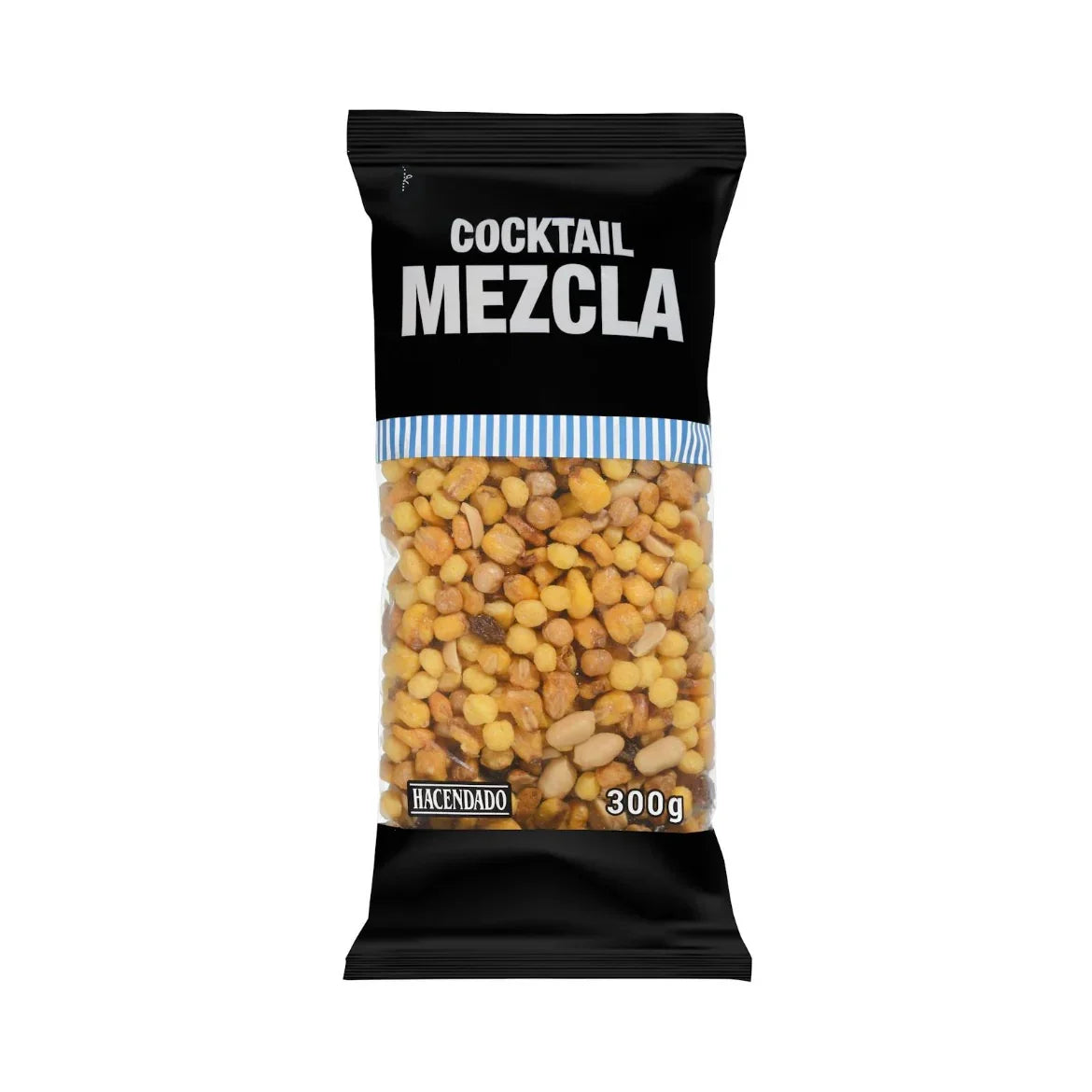 Kokteiļa maisījums no kukurūzas, zemesriekstiem, turku zirņiem, uzkodu bumbiņām un sultanīnu rozīnēm, 300g.