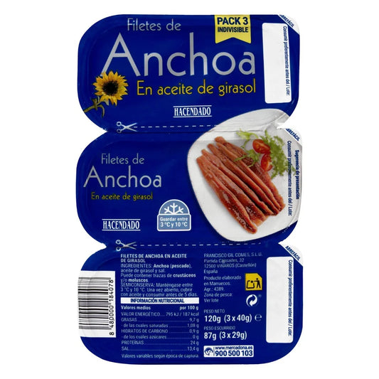 Anšovu fileja saulespuķu eļļā, 3x29g.